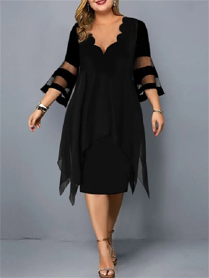 Women's Plus Size Holiday Dress Solid Color V Neck Mesh 3/4 Length Sleeve Fall Spring Fashion Elegant Midi Dress Formal Work Dress / Cotton / Vacation / Black Dress / Layered