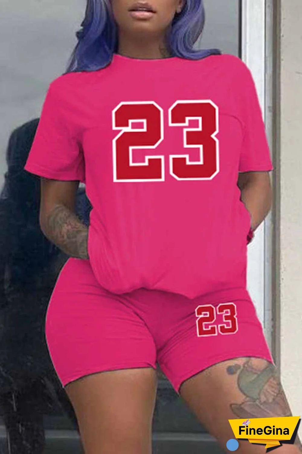 Rose Red Casual Print O Neck Short Sleeve Two Pieces