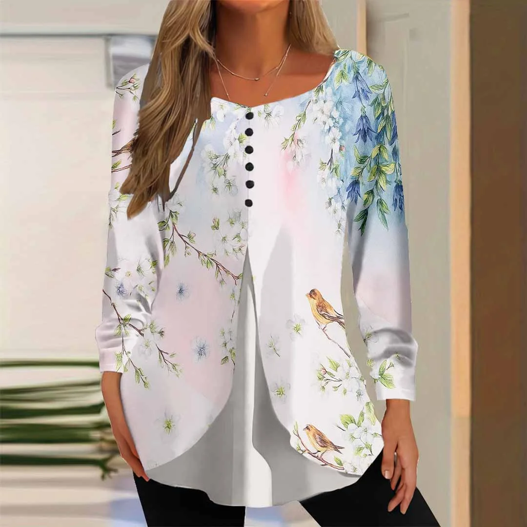 Women Floral,Blue DZGG8308 Long Sleeve Scoop Neck Printed Graphic Button Fake 2in1 Tops