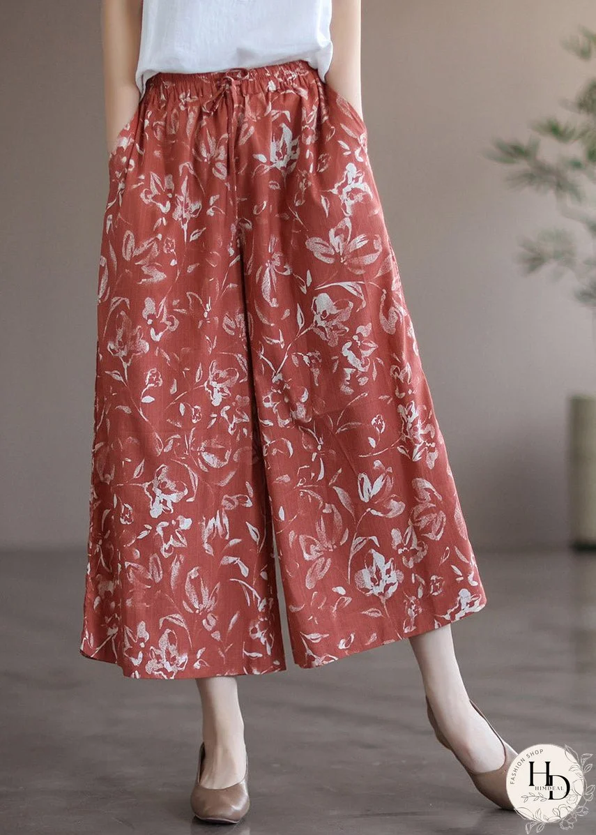 Stylish Red Print Elastic Waist Drawstring Wide Leg Pants Summer
