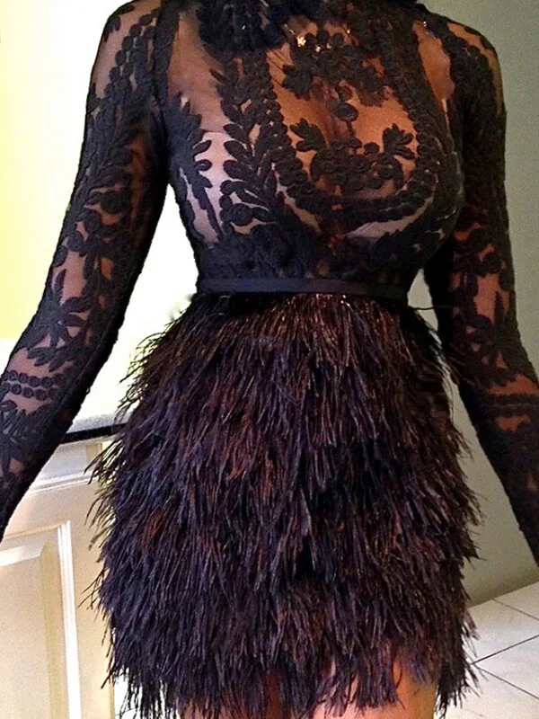 Sexy Lace See-Through Feathers Round-Neck Wrap Evening Mini Dress