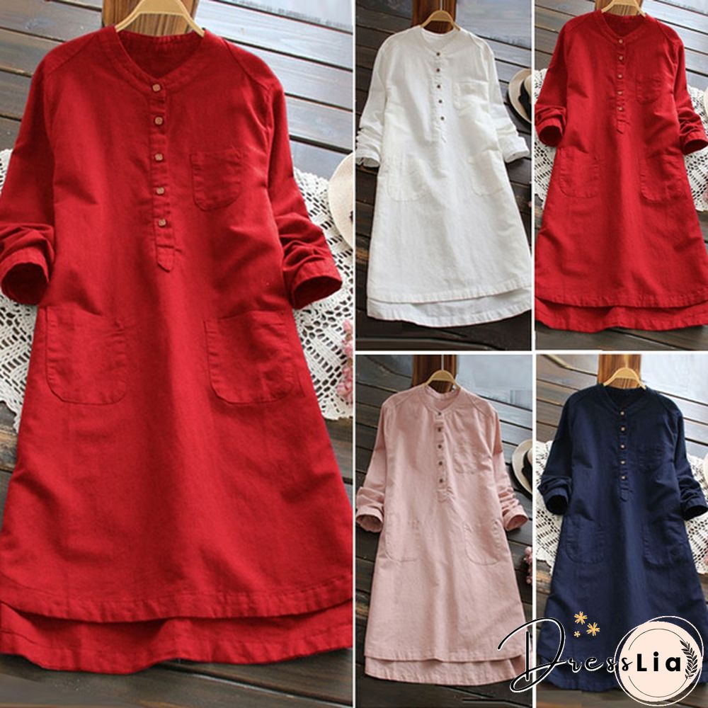 Fashion Women Long Sleeve Buttons Neck Long Shirt Dress Asymmetrical Plus Dress Sundress