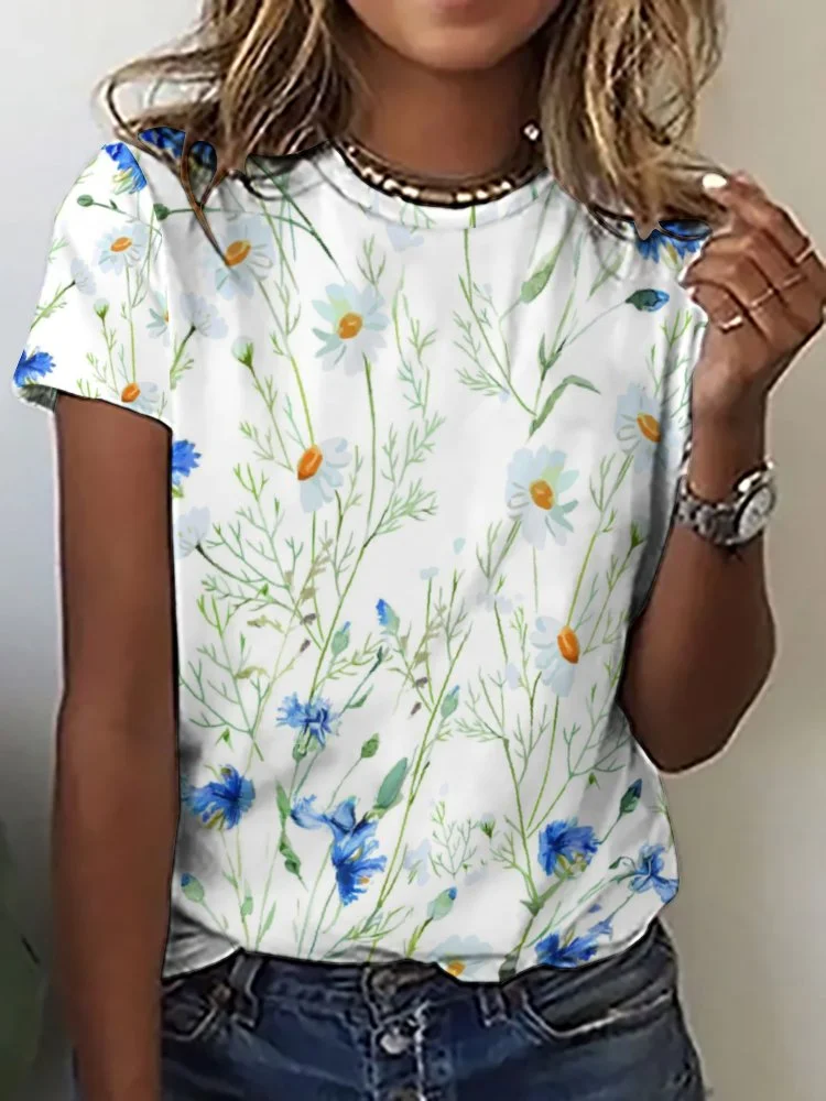 Printed Short Sleeve Casual T-shirt for  Women and Men Unisex Pattern Blue,Floral,White
