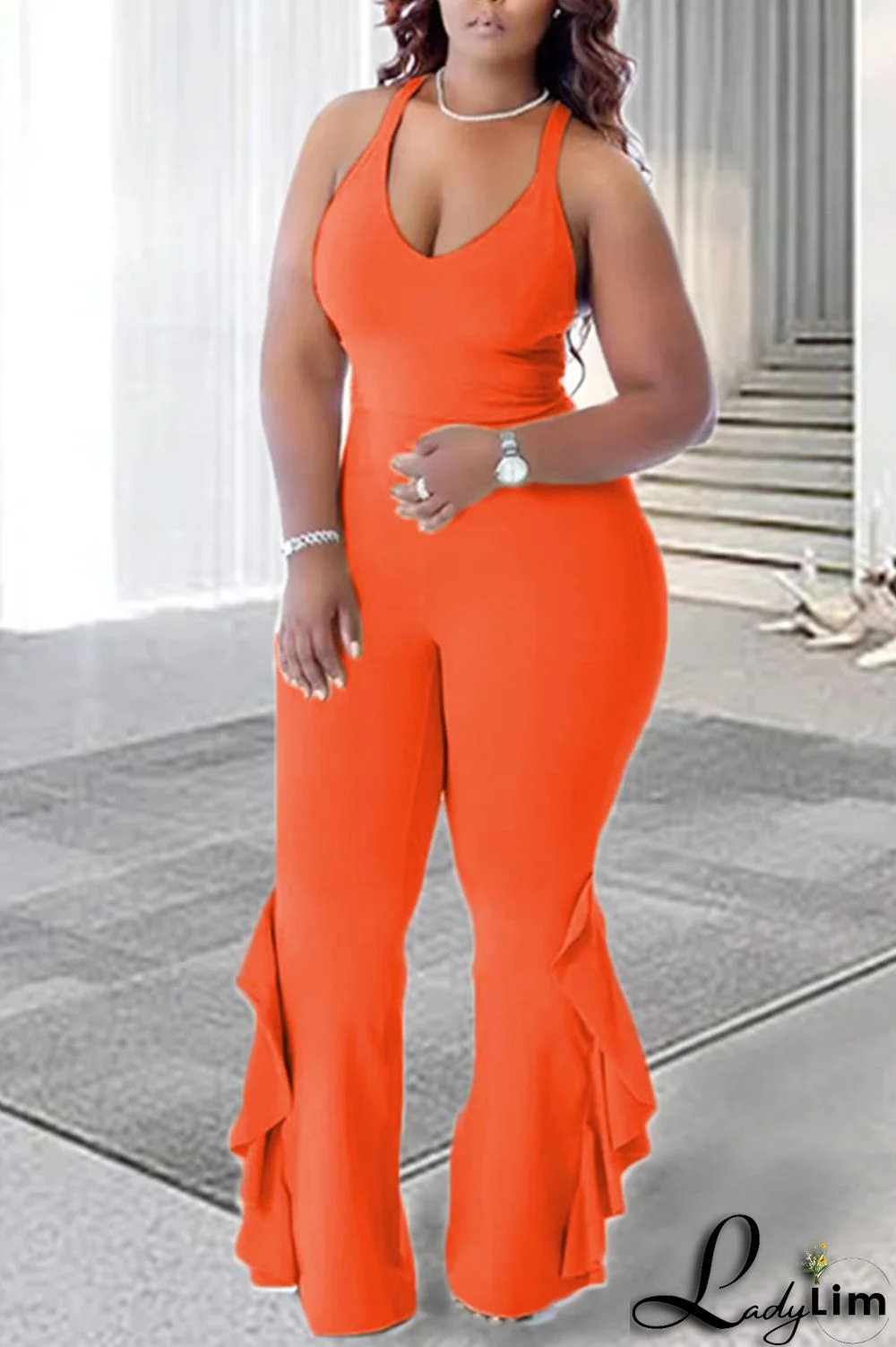 Tangerine Red Casual Solid Patchwork Flounce V Neck Plus Size Jumpsuits