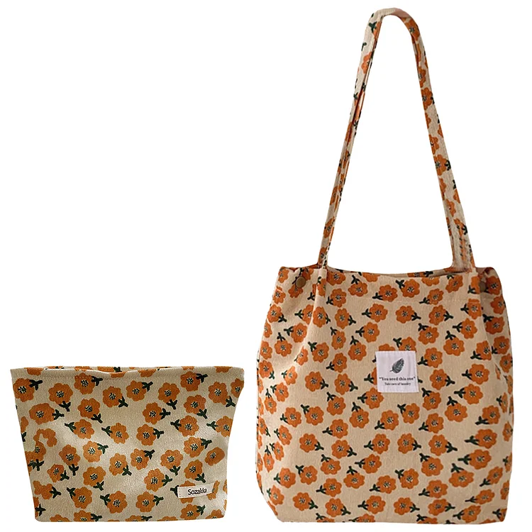 2Pcs Women Corduroy Tote Bag Floral Casual Sling Bag Gifts for Friends (Orange)