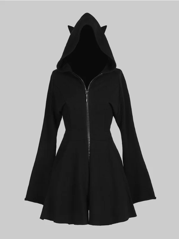 Dark Black Kitty Tight Waist Zip Up Hooded Dress