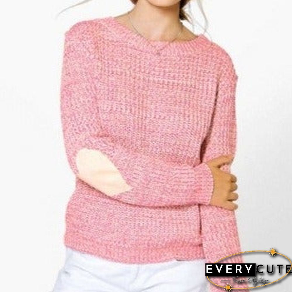 Solid Color Round Neck Pullover Sweater Love Elbow Women's Sweater Coat