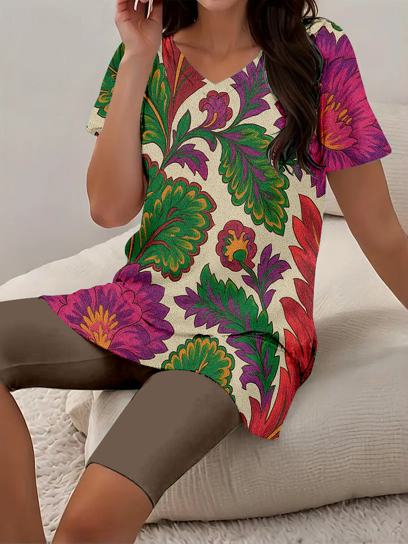 Women Long Sleeve V-neck Graphic Floral Printed Top