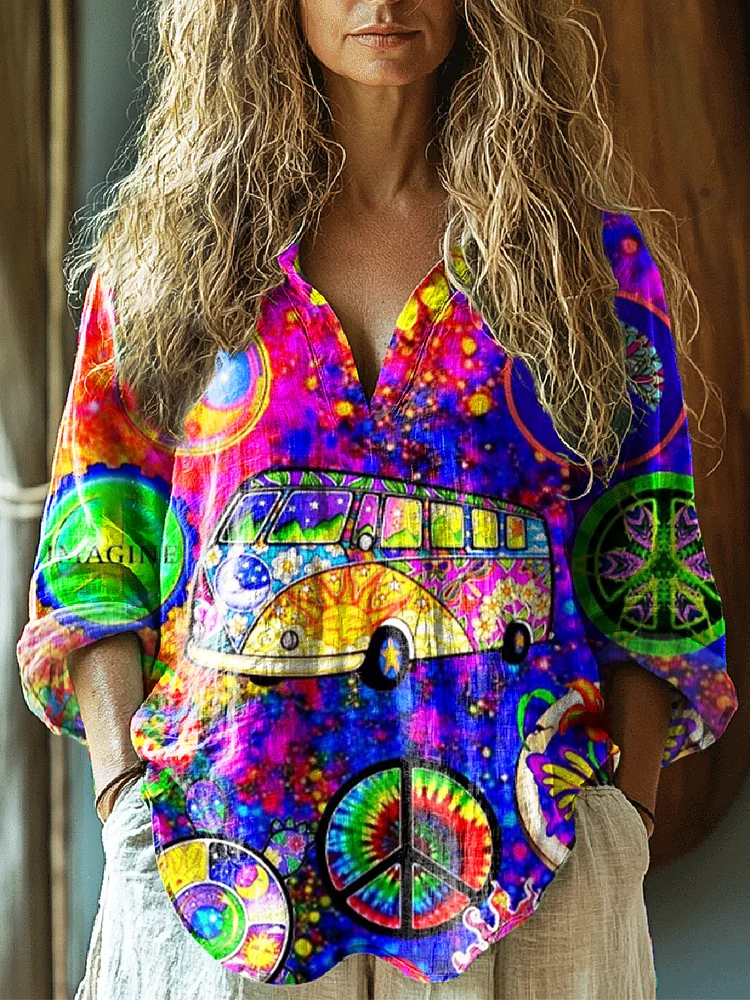 Women's Hippie Car Art Print Casual Linen V-neck Shirt