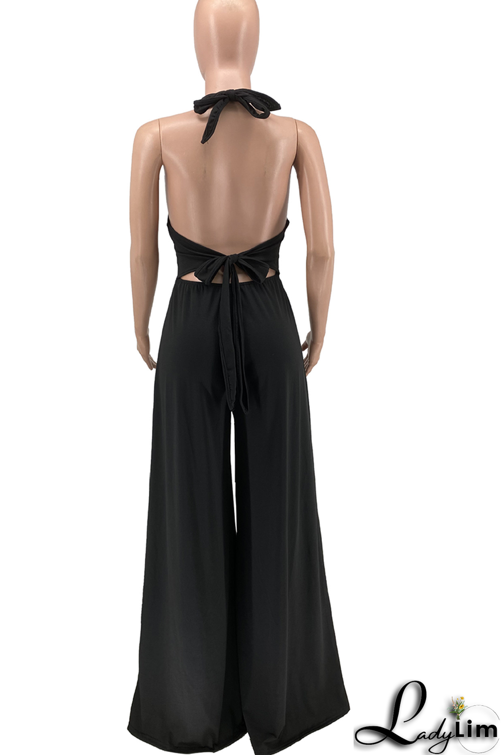 Black Casual Solid Patchwork Halter Loose Jumpsuits