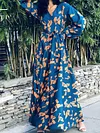 Loose V-Neck Long Sleeve Belted Floral Print Casual Maxi Dress