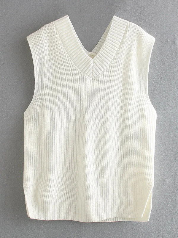 4 Colors V-Neck Simple Split-Side Sleeveless Knitted Vest