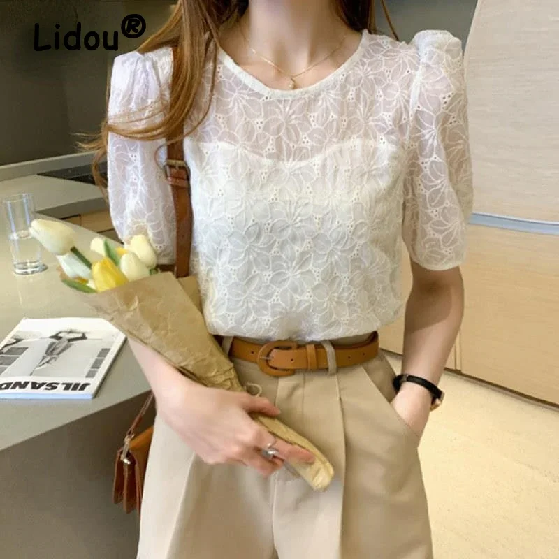 Jangj New Spring Summer Lace Puff Sleeve White Short Shirt Round Neck Short Sleeve Hollow Out Blouse Korean Fashion Casual Shirt