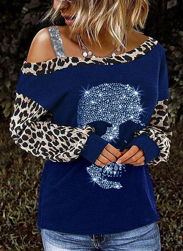 Women's Leopard Print Patchwork Strapless With Diamonds Long-Sleeved Tops