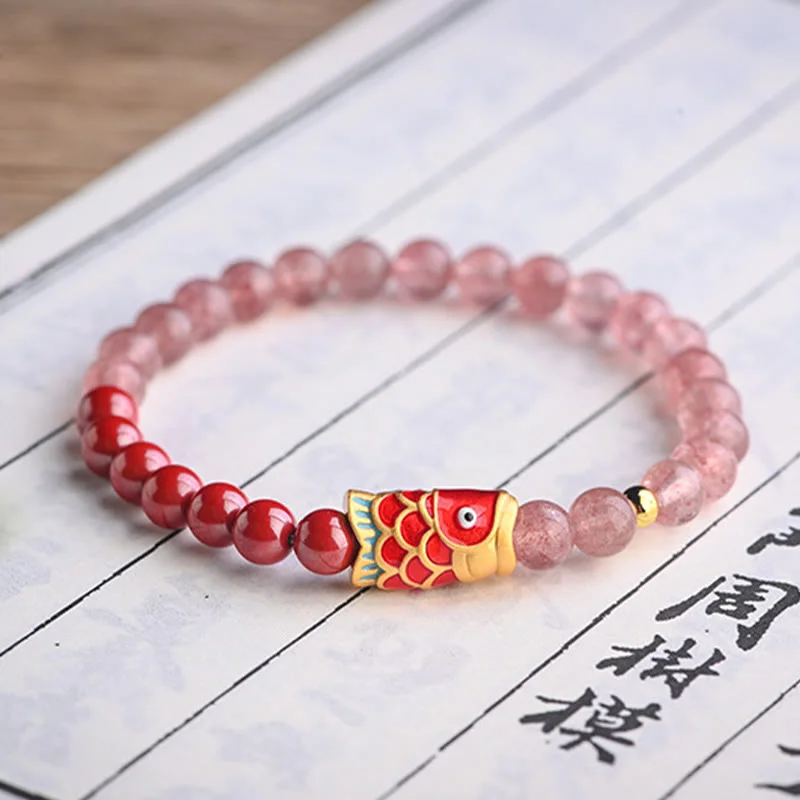Cinnabar Strawberry Quartz Lucky Koi Fish Healing Bracelet