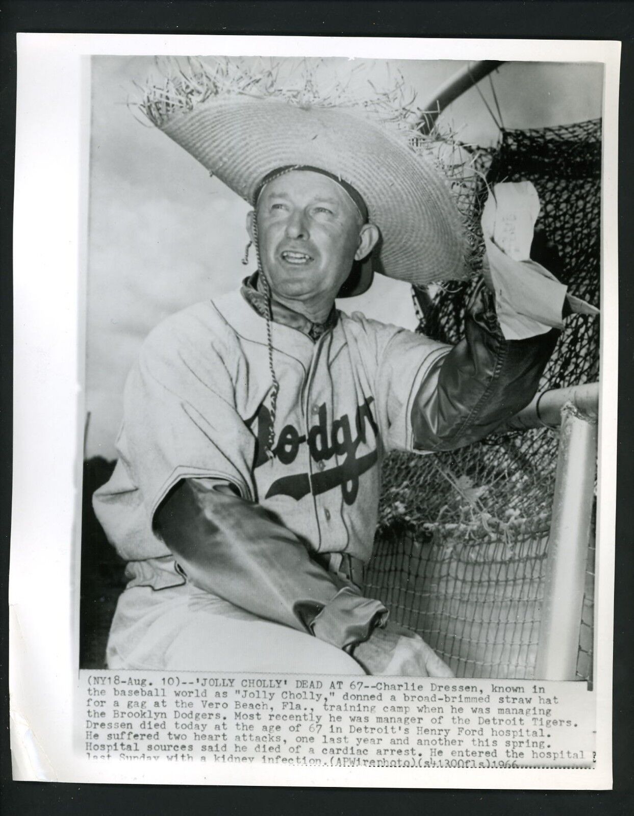 Chuck Jolly Cholly Dressen dies 1966 Press Photo Poster painting Brooklyn Dodgers