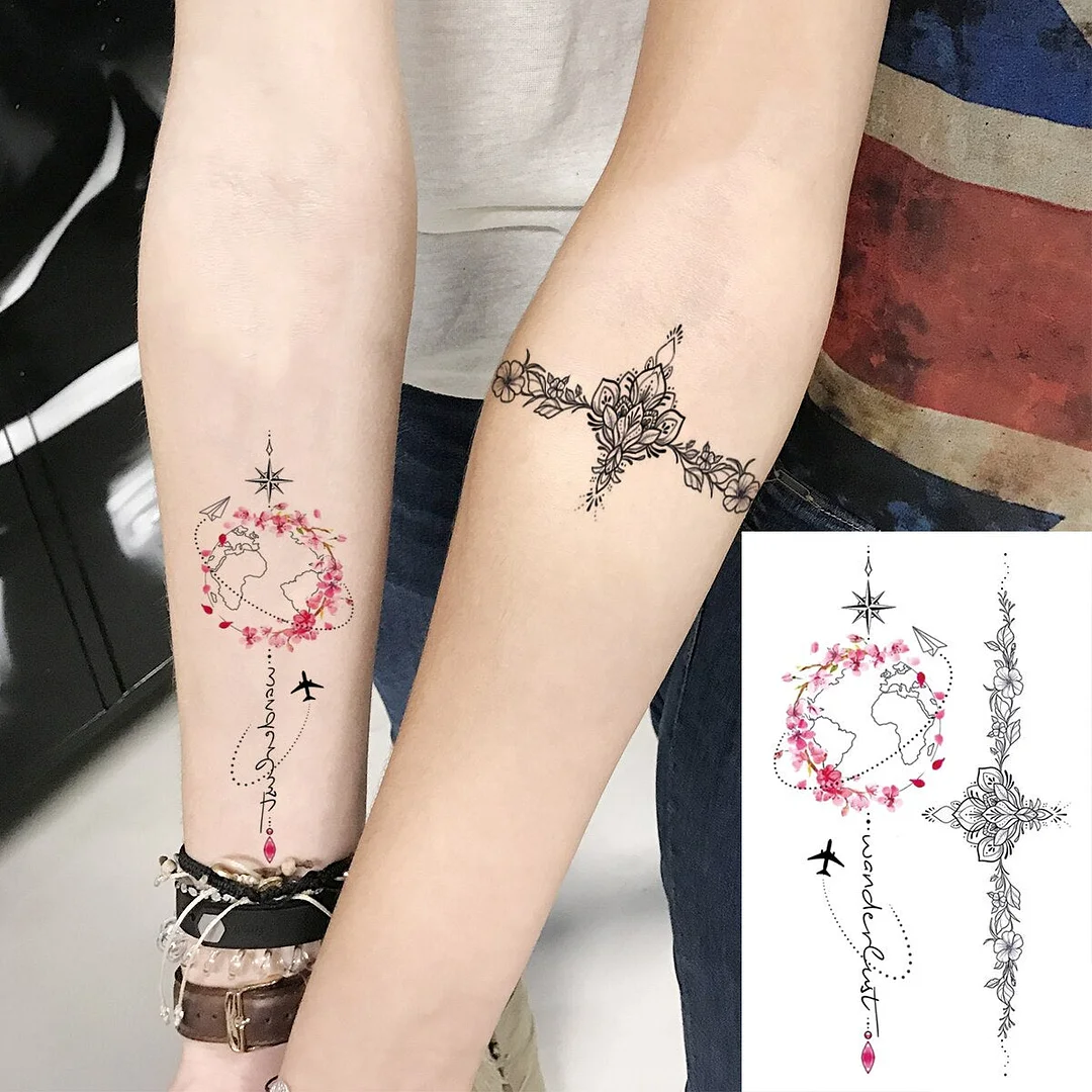 Watercolor Universe Henna Temporary Tattoos For Women Adult Lotus Rose Flower Bird Fake Tattoo Body Art Painting Tatoos Decal