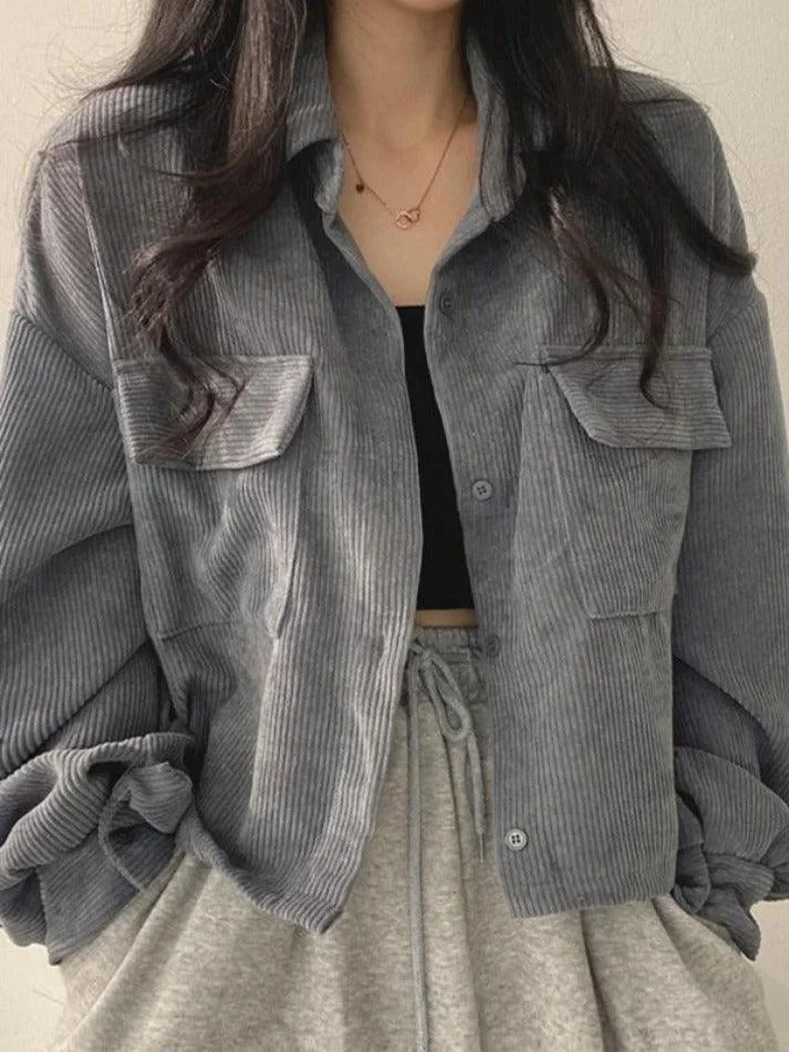 Brownm Vintage Corduroy Lapel Neck Button Long Sleeve Blouse