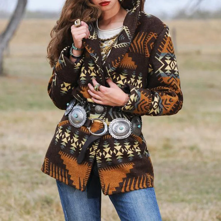 Mid-length printed long-sleeved lapel slim-fit woolen coat