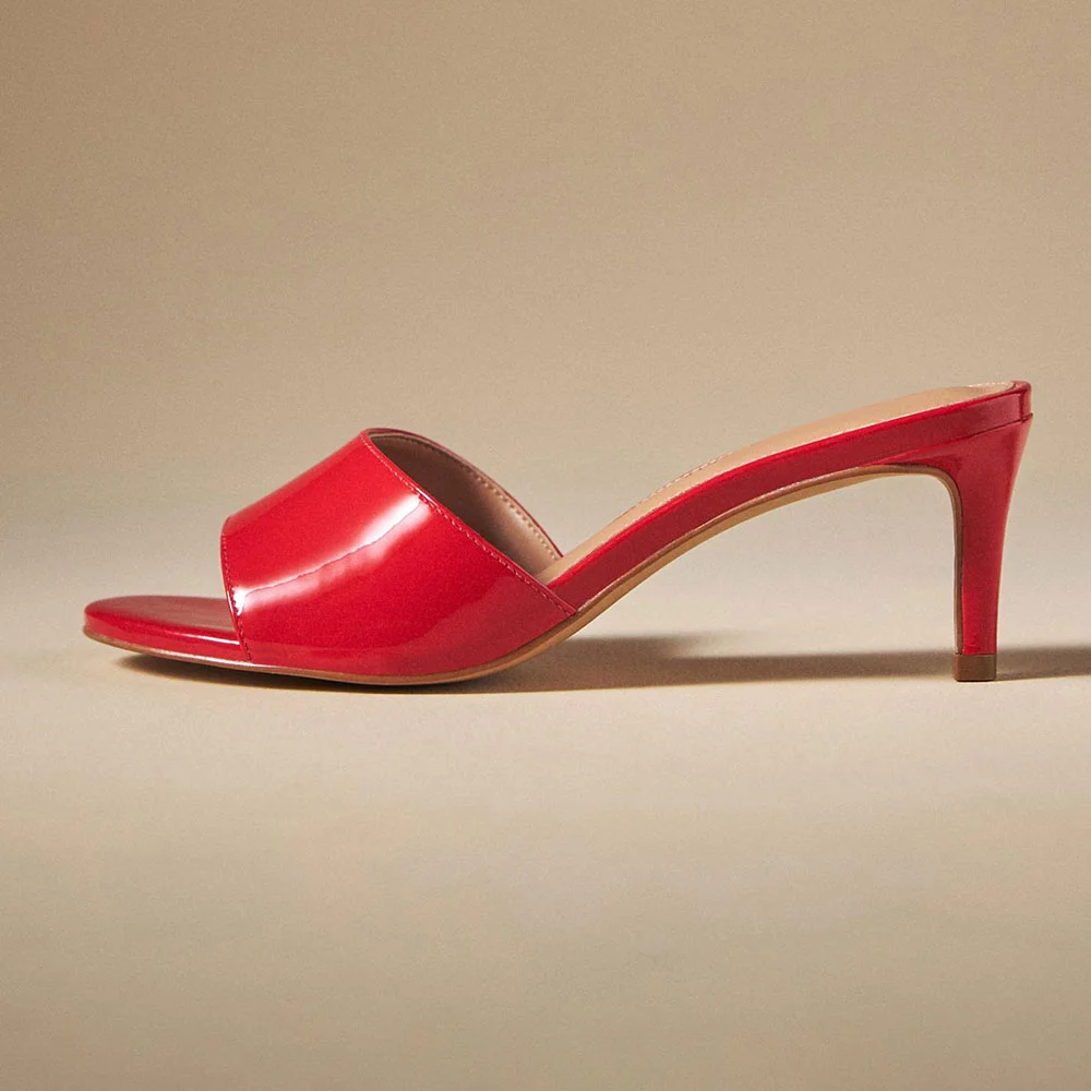 YDN Simple Red Patent Leather Open-Toe Kitten Heel Mules for Women