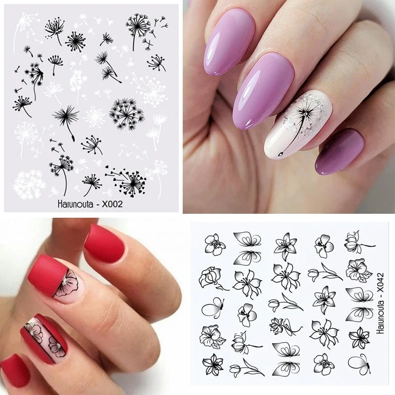 Harunouta 6Pcs Black Leaves Flower Water Decals Dandelion Geometrics Pattern Stickers Sliders For Nails DIY Decoration-Nail Inspo
