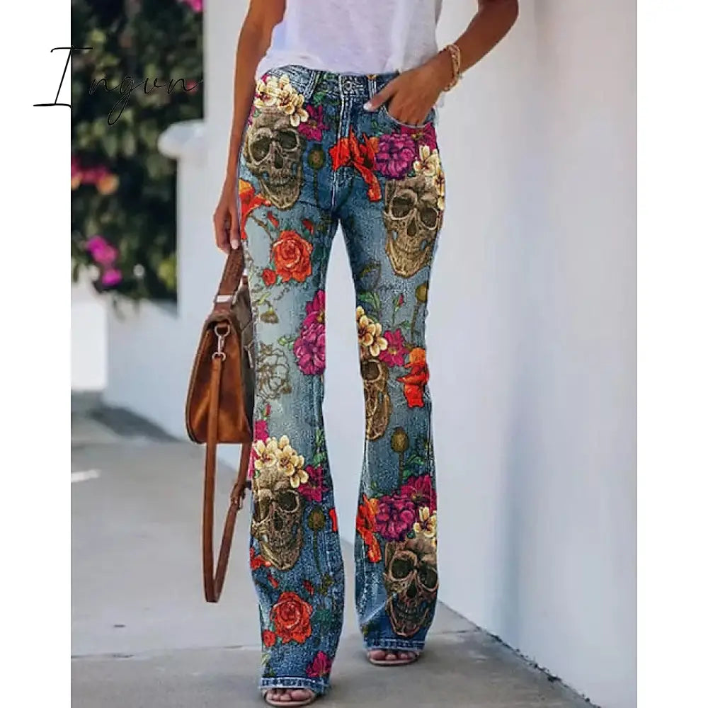 Ingvn - Women’s Flared Pants Bell Bottom Trousers Faux Denim Blue Red & White Purple Fashion