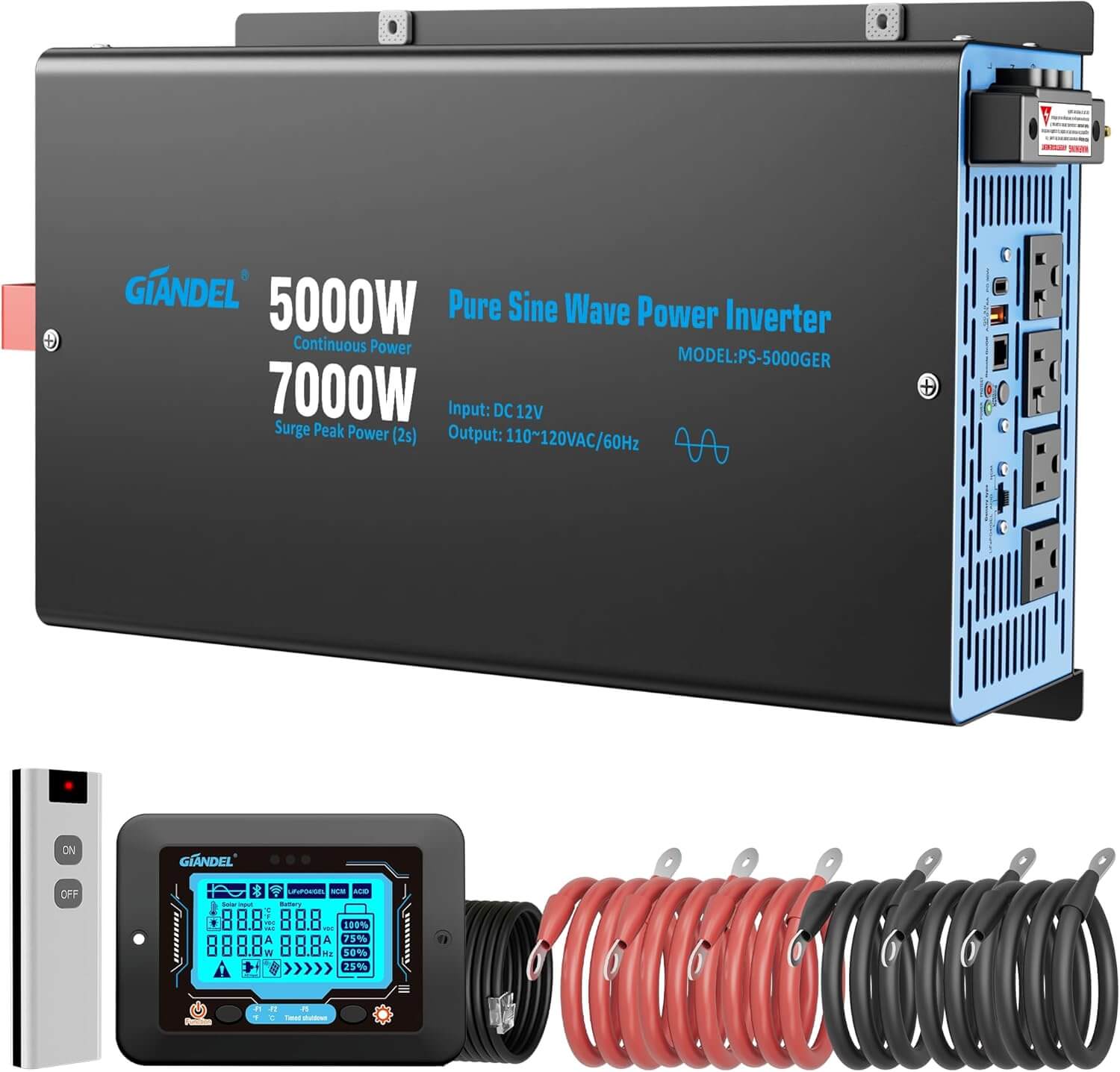  5000W Pure Sine Wave Inverter | 12V DC to 120V AC, Remote Control & LCD Display  for RV Home Solar & Emergency Backup PS-5000GER