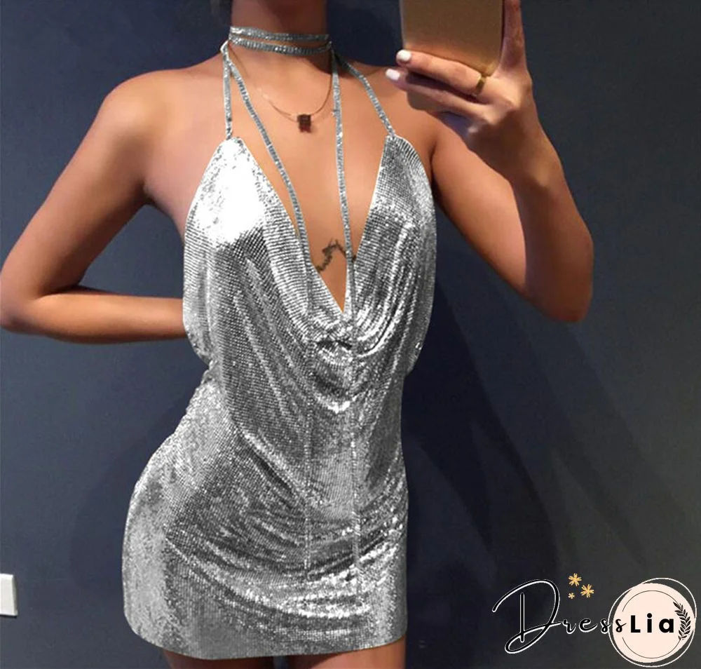 Sexy Diamond Halter Metal Party Dresses Gold Silver Summer Dress Vesitos Backless Sequins Women Dress Dropshipping