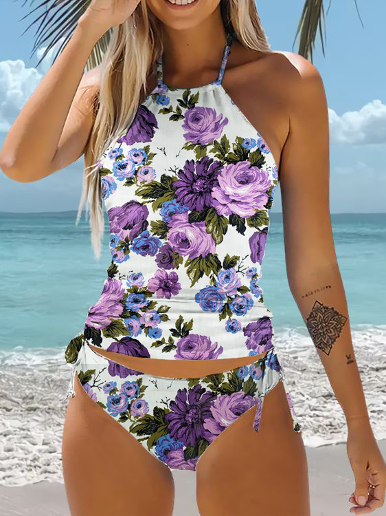 Women's Purple Floral Print Halter Neck Tankini Swimsuit socialshop