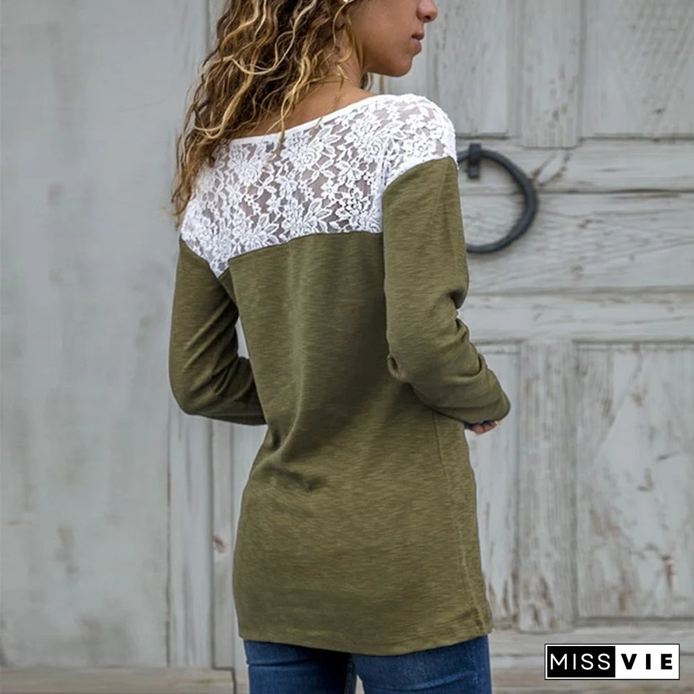 Women Round Neck Ladies Fashion Casual Long Sleeves Tops Sexy Lace Pullover Plus Size T-Shirt Solid Color Loose Top Cotton Blouse
