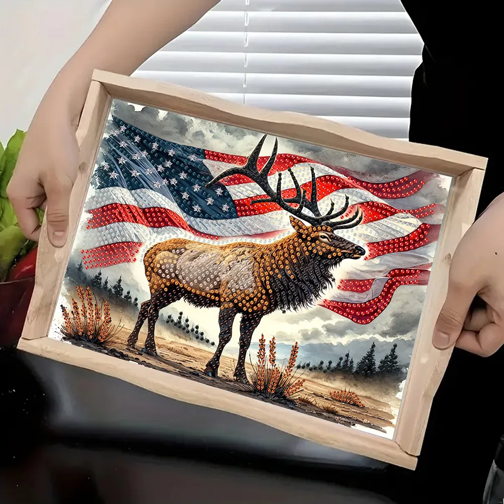 5D DIY Wooden US Flag Deer Diamond Painting Tray Art Craft for Desk Coffee Table