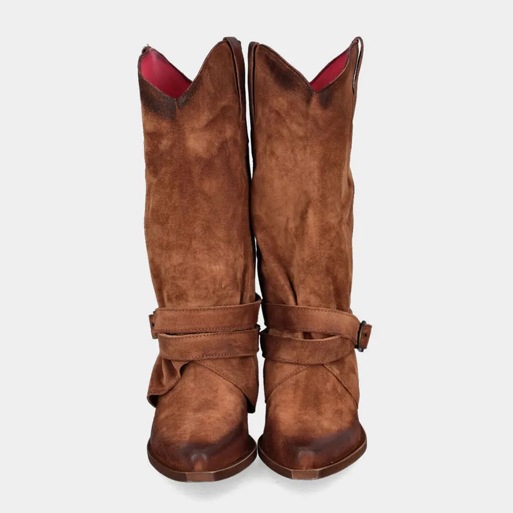Distressed Brown Block Heel Fold Over Buckled Western Boots for Women 