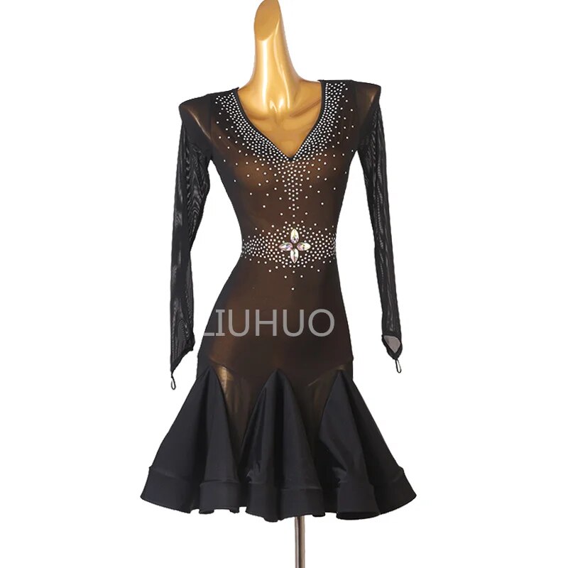 Latin Dress Race Dress Woman Professional Performance Competition Custom Black Ruffled Black V-Neck Dress With Drill