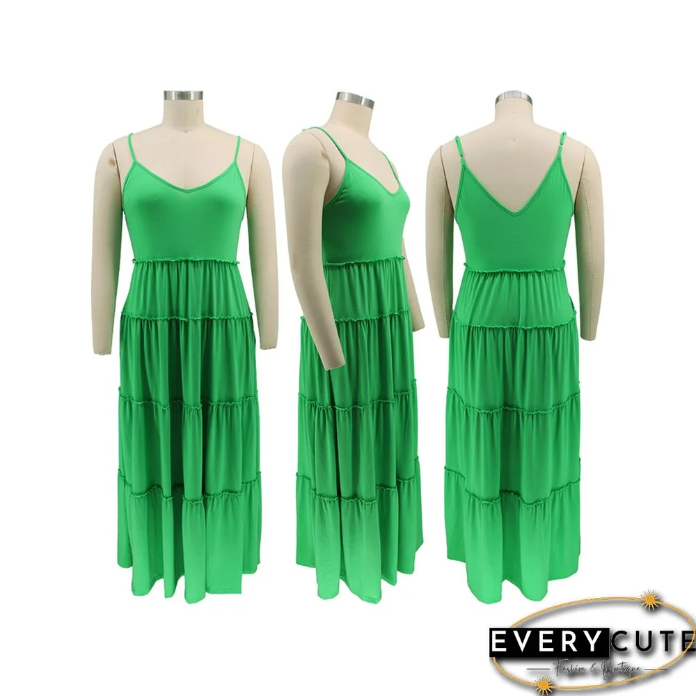 Green Pocket Casual Plus Size Long Dress
