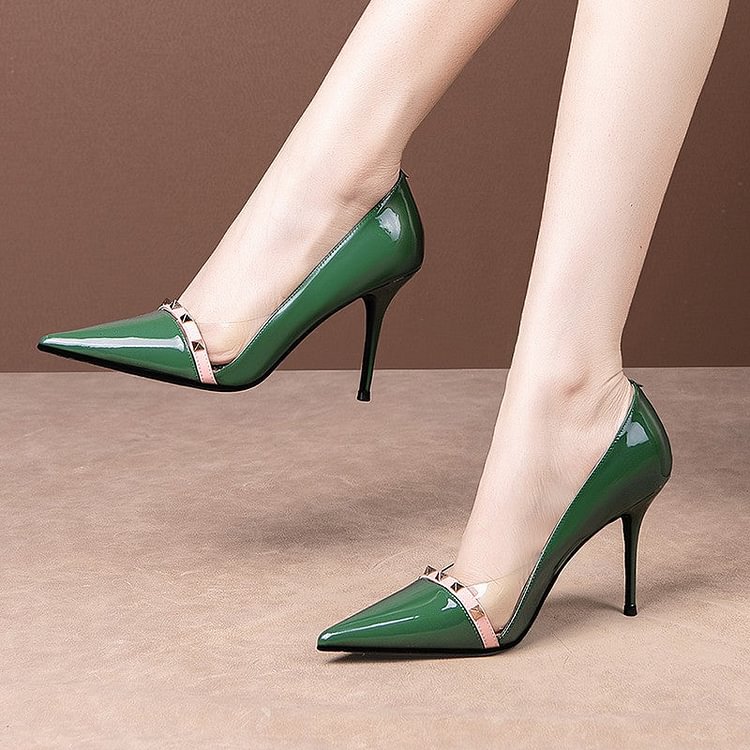 Patent Leather Sexy Heels Shoes Pointed Toe Rivet Super High Heels Green Pumps Women Dress Shoes Stilettos 2022 Fashion - BlackFridayBuys