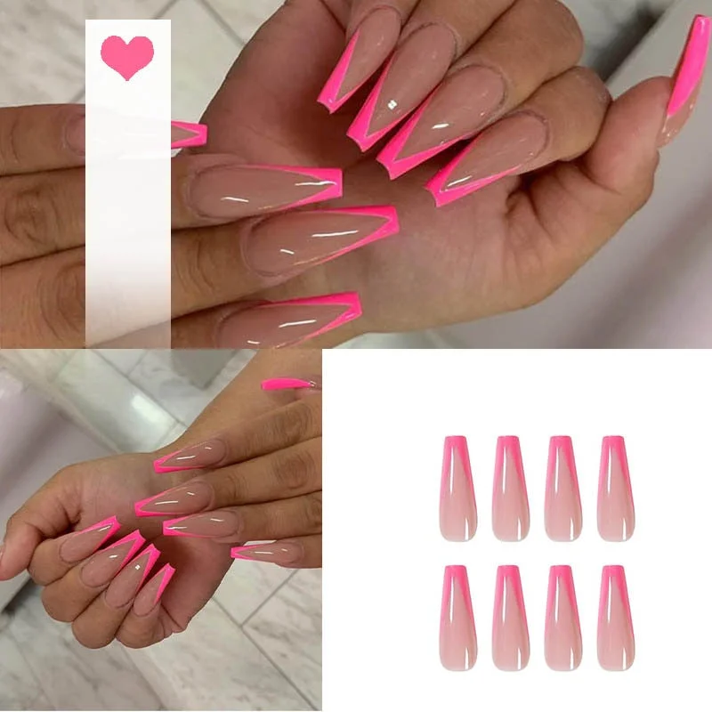 24PCS/box artificial nails with glue Milky white pink Gradients long Ballet Nail stick fake nail tips full cover acrylic-Nail Inspo