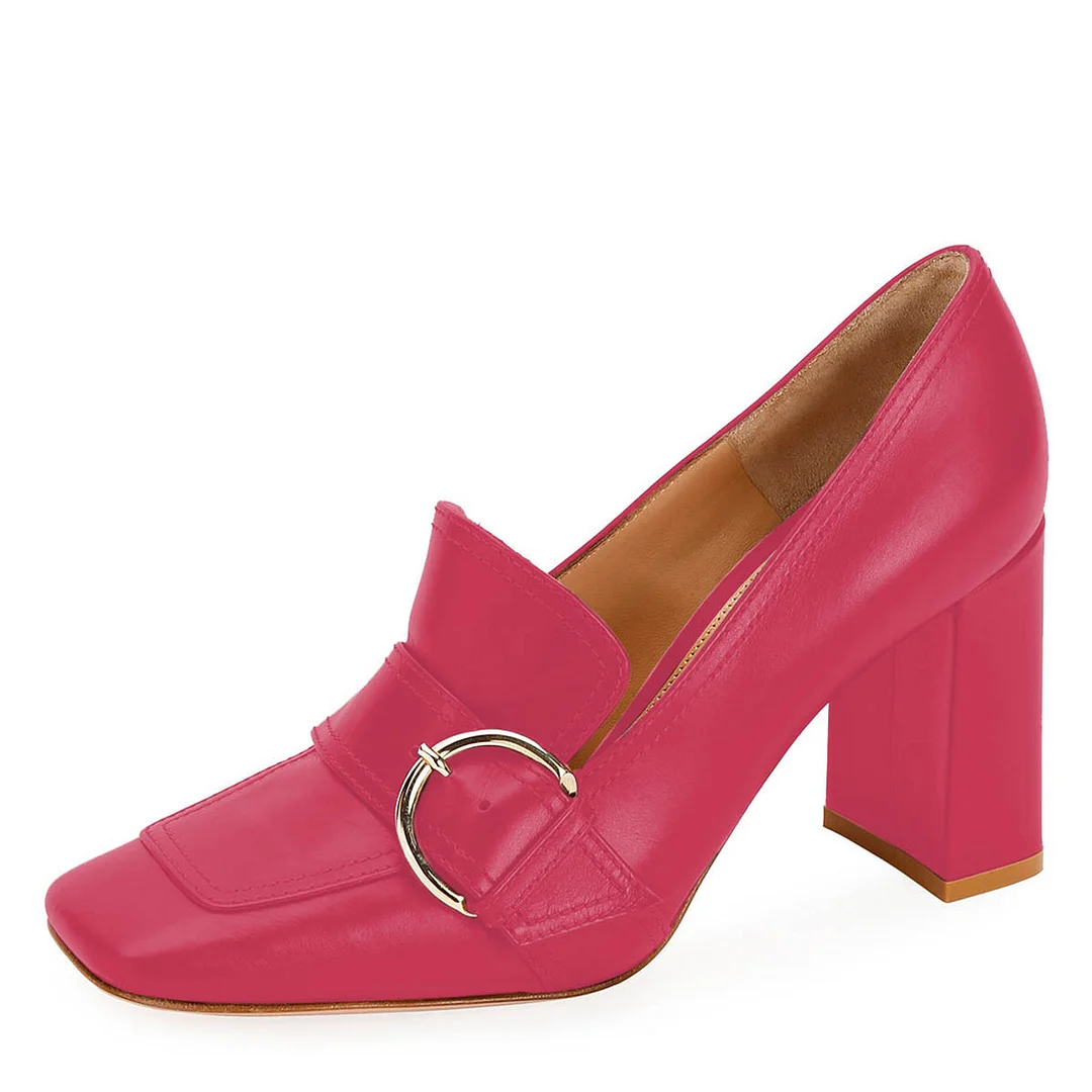 Classic Magenta Vegan Leather Buckle Loafer Heels with Square Toe