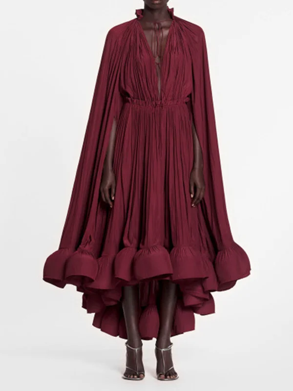 Cloak Sleeves Loose Floral Pleated Solid Color Split-Joint V-Neck Maxi Dresses