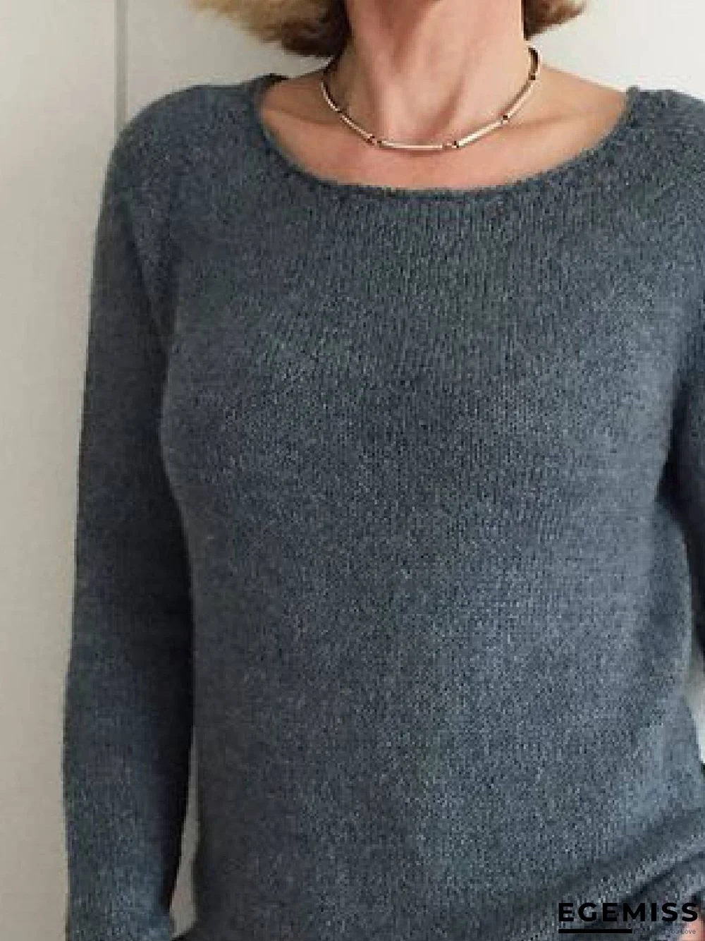 Gray Green Casual Solid Cotton-Blend Round Neck Sweater | EGEMISS