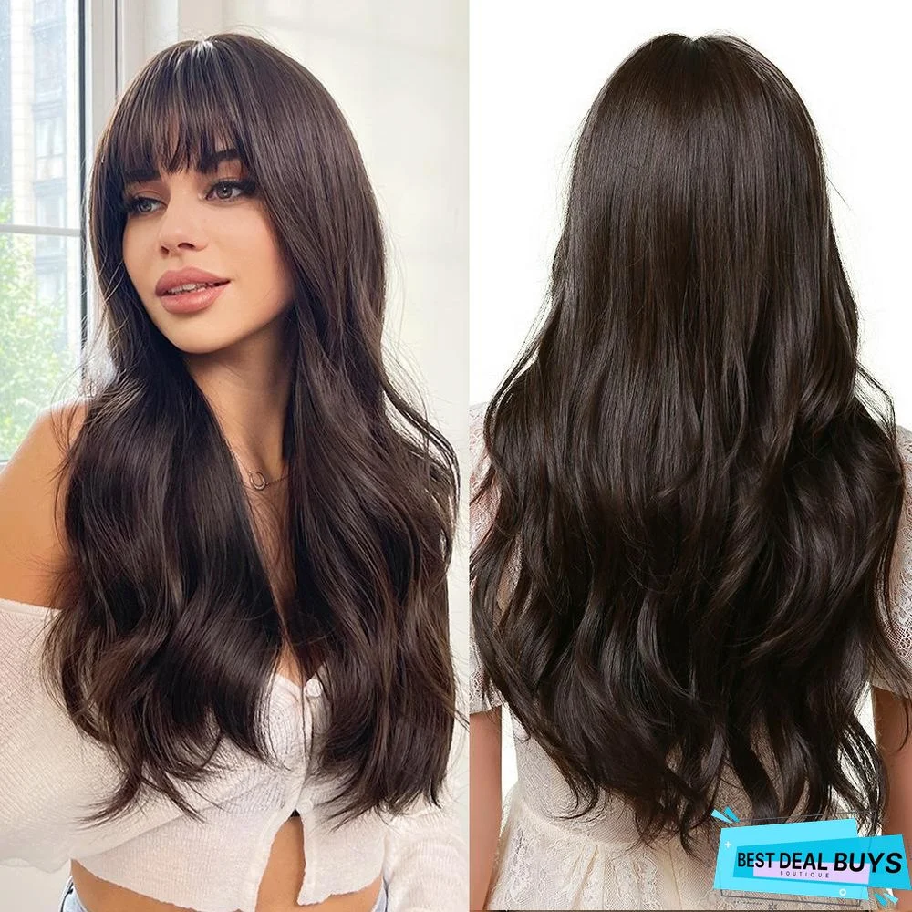 Long Brown Wigs with Bangs Wave Synthetic Wigs For Women