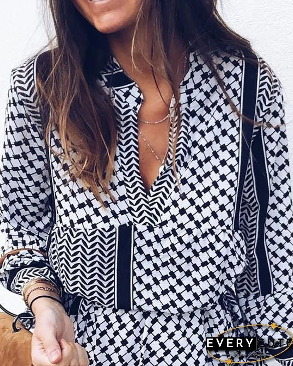 Ethnic Print Long Sleeve Elastic Waist Casual Dress P11436