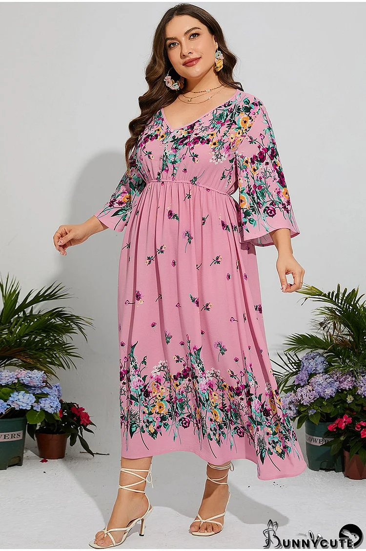 elegant floral Plus Size loose dress Bell Bottom sleeve v-neck elastic waist chiffon dress
