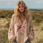 Women's Bohemian Floral And Birds V-neck Long-sleeved T-shirt - Image 2