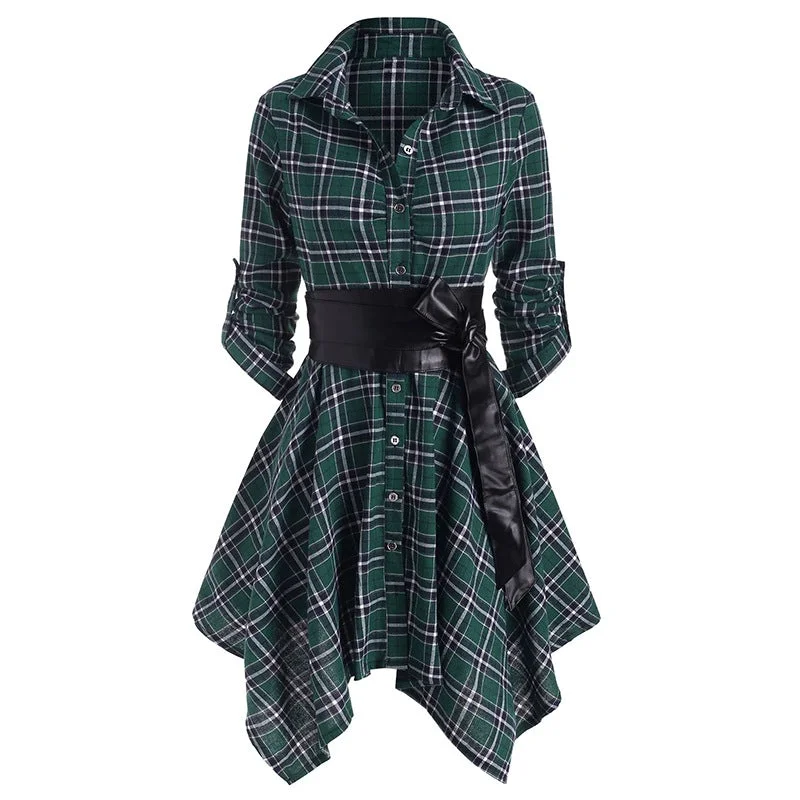 Women's Autumn New Long-sleeved Plaid High-waist Slim Dress