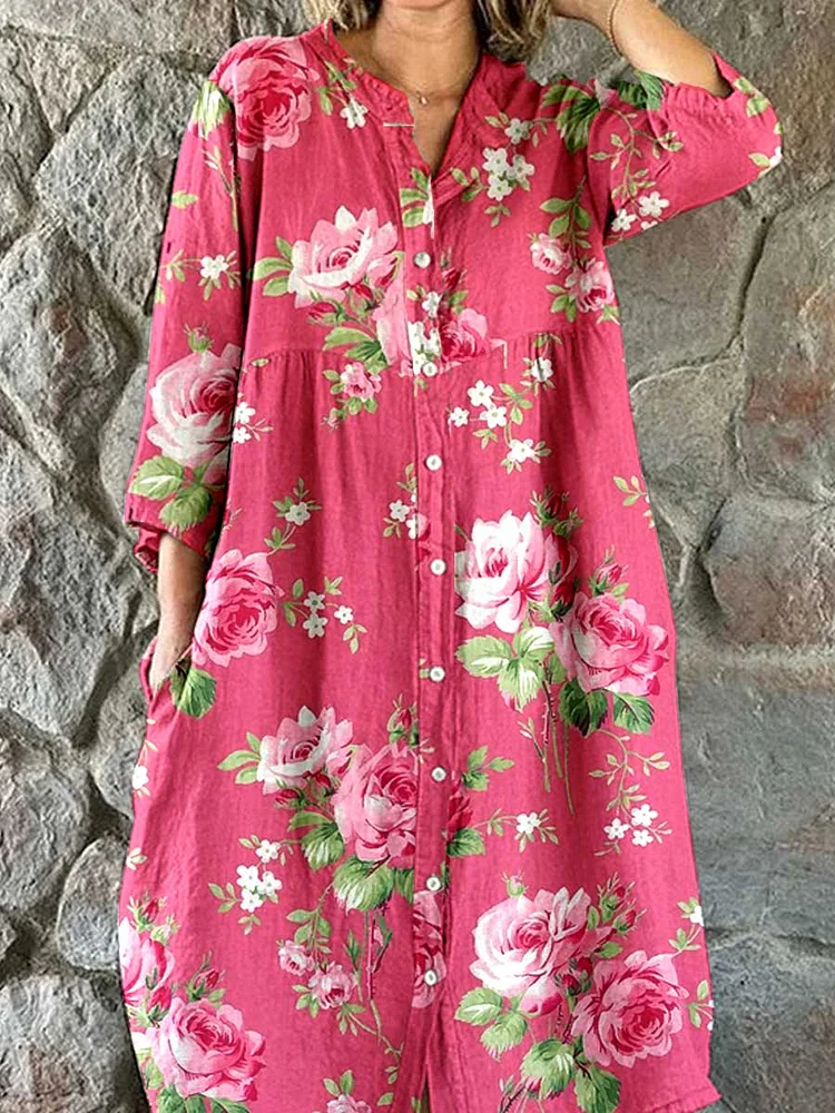 Women's Resort  Art Watercolor Floral Cotton Shirt Dress