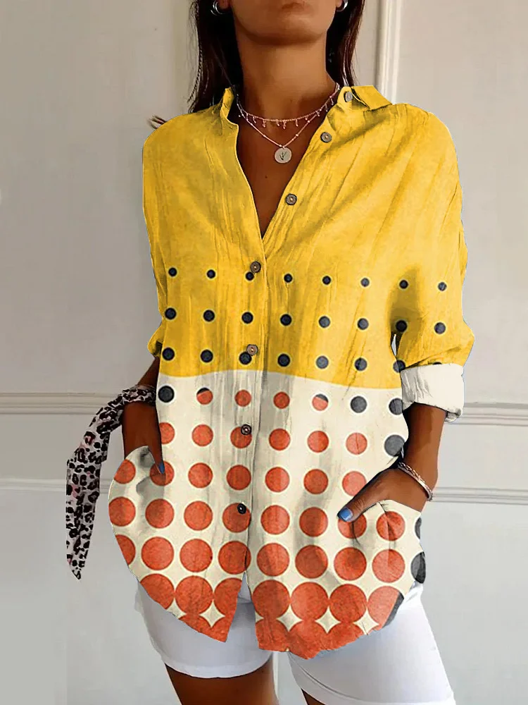Retro Color Block Polka Dot Abstract Art Long Sleeve Shirt