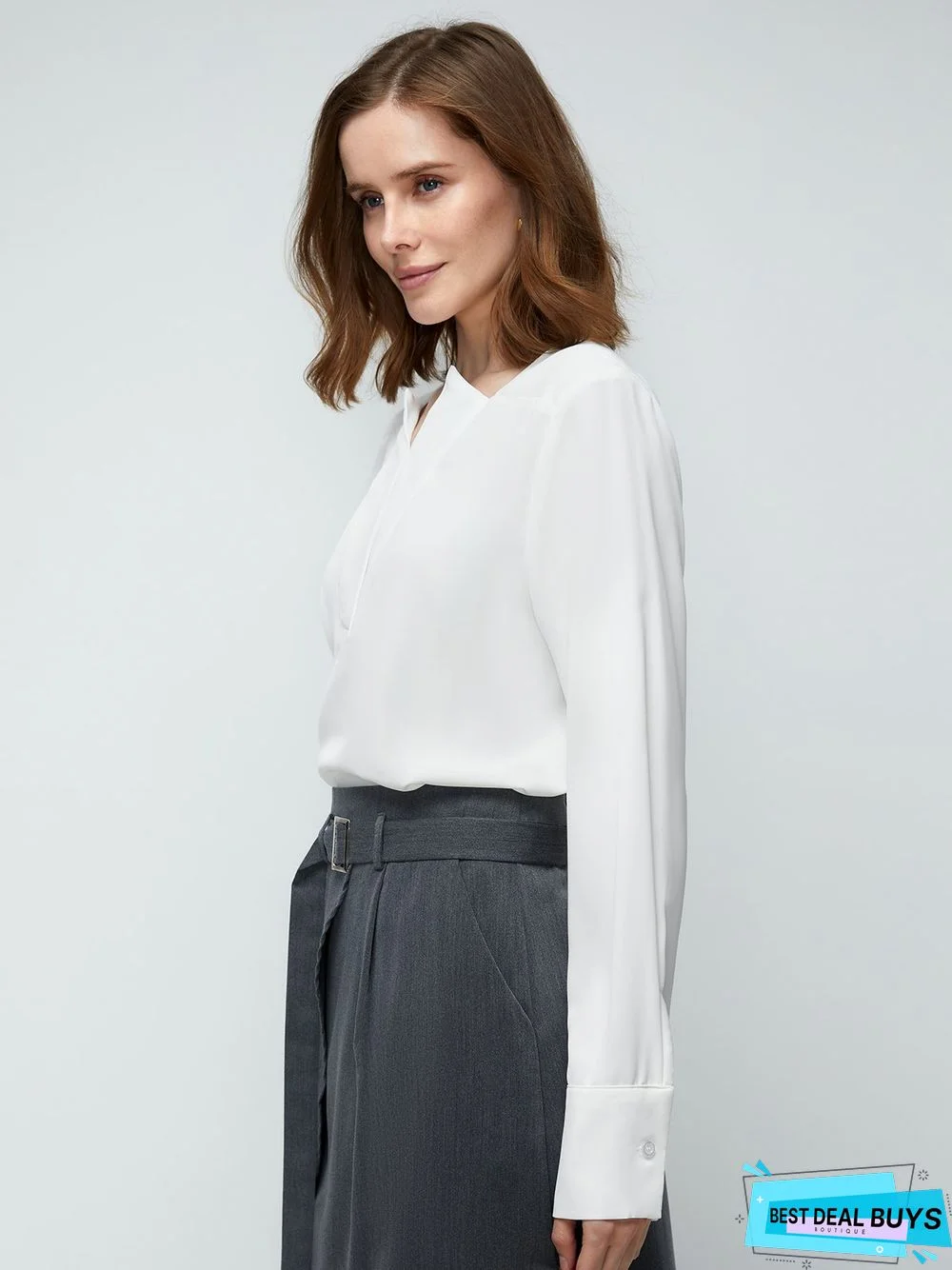 White Daily Long sleeve Plain V Neck Simple Blouse