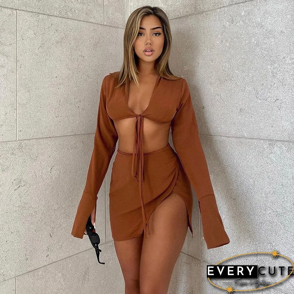 Brown Sexy Tie Front Top and Skirt Sets Women Fashion Outfits Fall Matching Set Split Skirt Club Party Clothes
