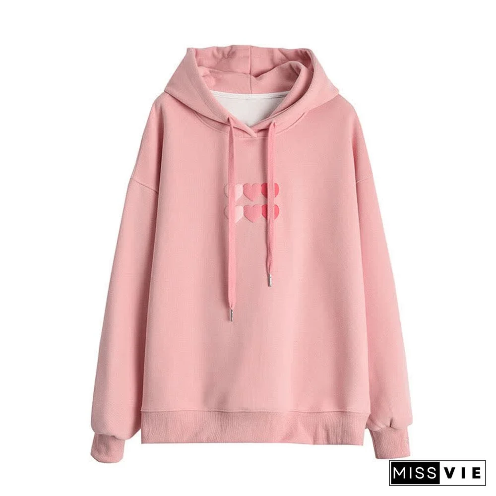 Love Heart Print Draw String Loose Hoodie