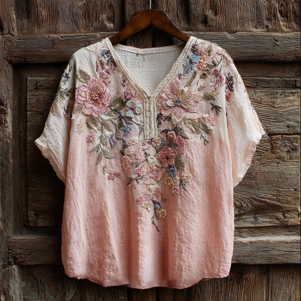 Vintage Pink Floral Art Embroidery Washed Short Sleeve V-neck Top elevenforest